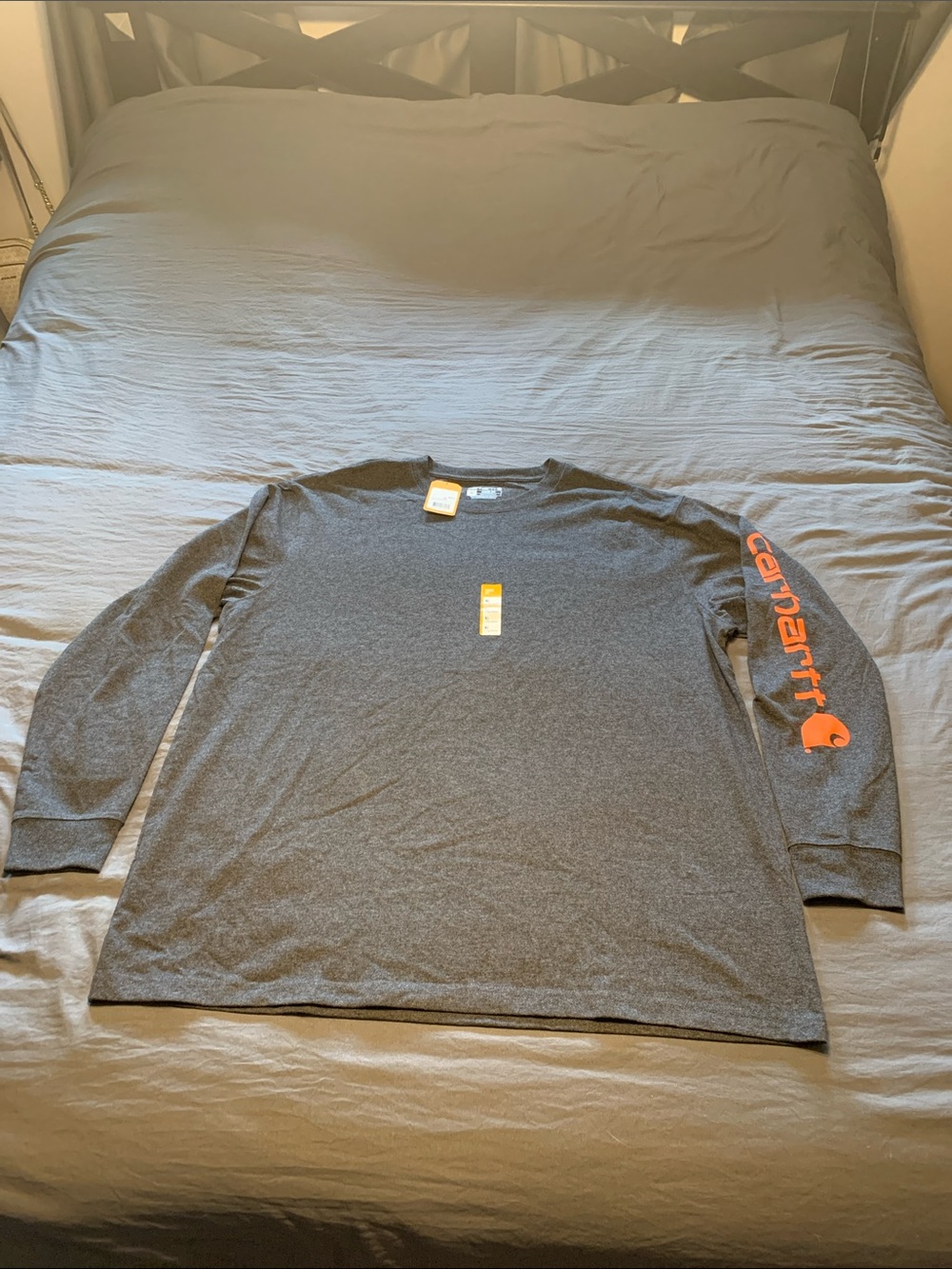 Carhartt Men's Long Sleeve Tee in Charcoal with Orange Sleeve Logo